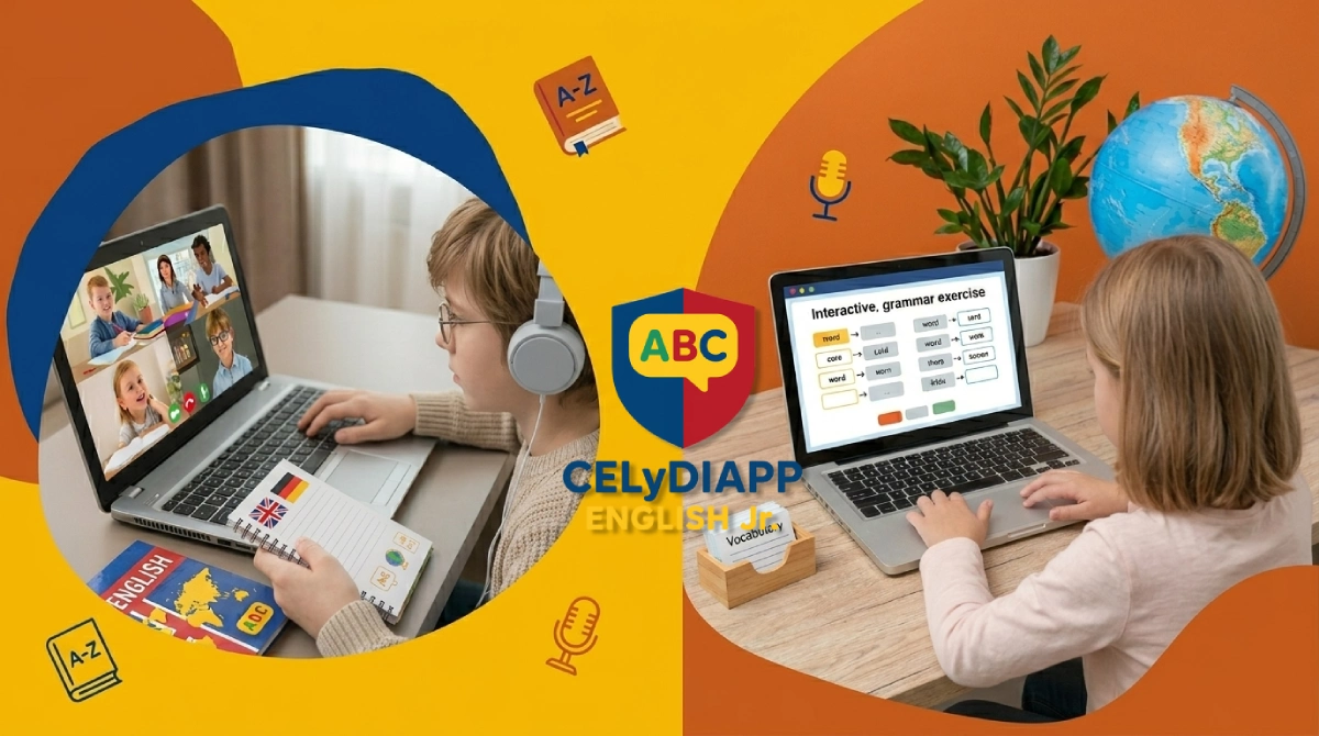 Niños estudiando inglés de forma divertida con clases virtuales y juegos interactivos en la plataforma CELYDIAPP English Jr.