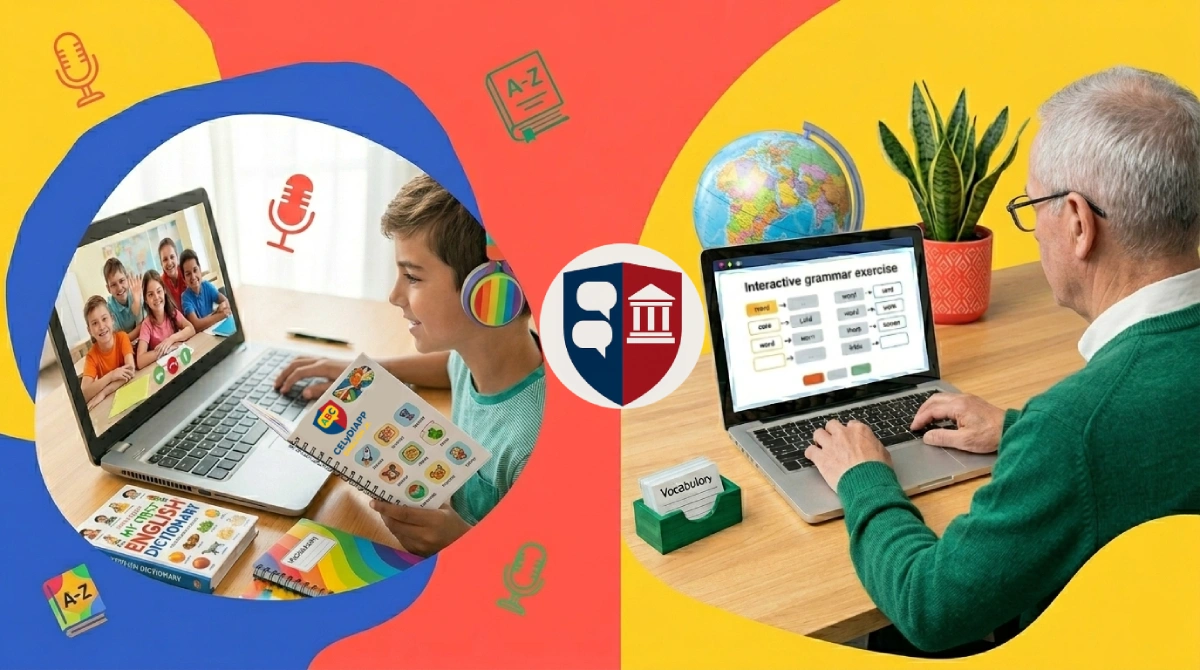 Niños y adultos estudiando inglés en línea con clases en vivo y ejercicios interactivos de CELYDIAPP.